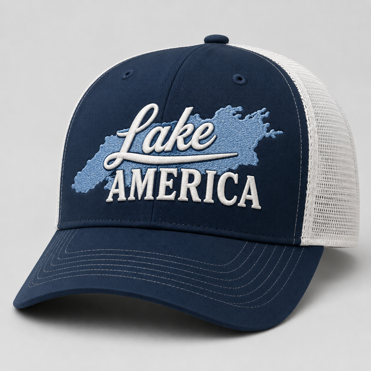 Navy and white Lake America trucker hat with Lake America embroidered behind the lettering